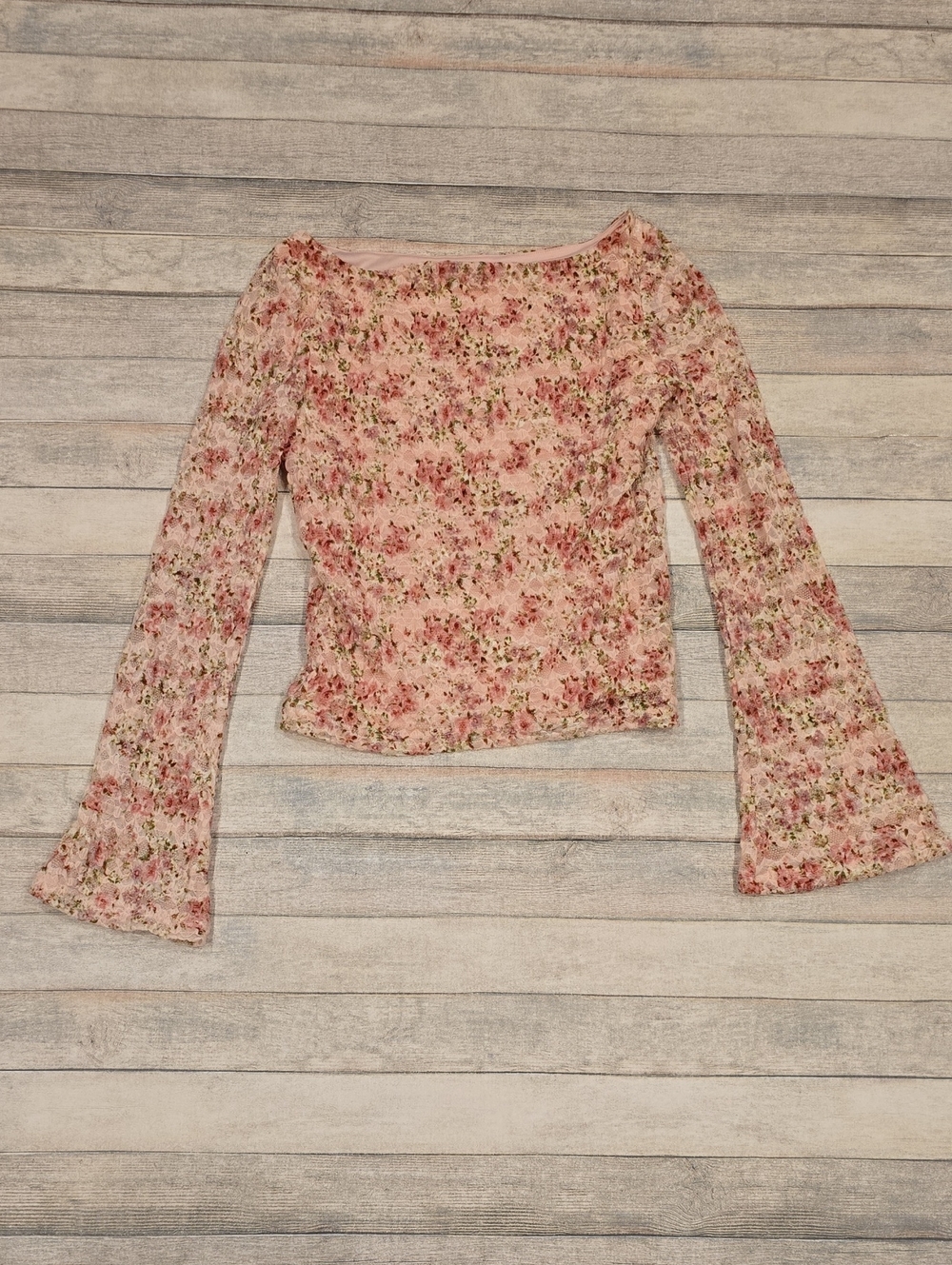 Arizona Pink Floral Mesh Long Sleeve Top Lined Bell Sleeve Size Medium